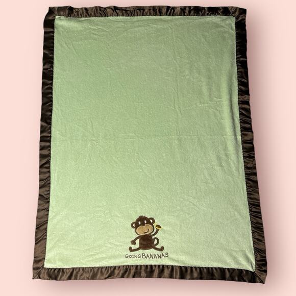 Vtg Carters Green Monkey Baby Blanket Security Lovey Going Bananas Brown Satin - Picture 2 of 6